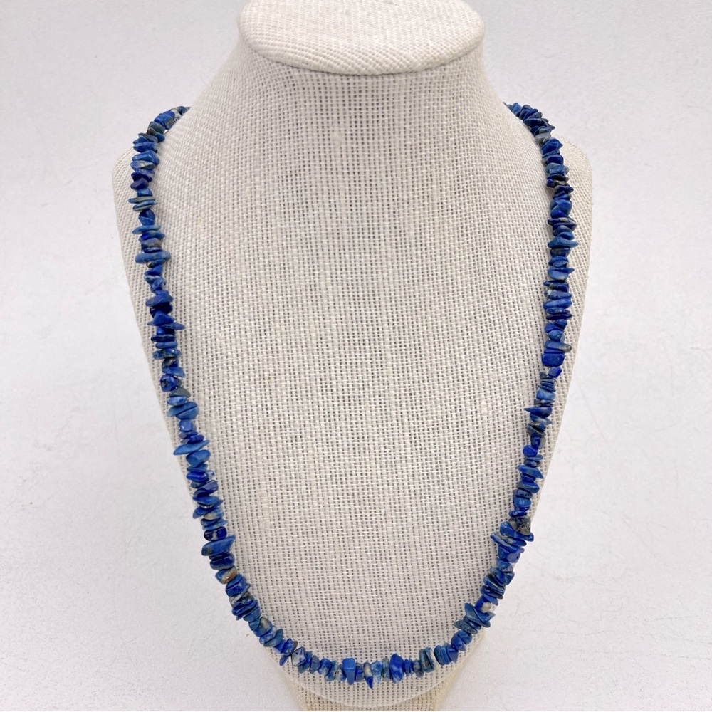 Lapis Lazuli Chip Gemstone Beaded Necklace Gold Tone Fishhook Clasp